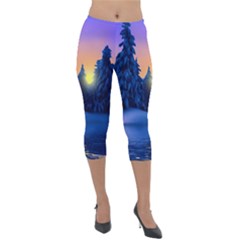 Illustration Vector Winter Sunset Lightweight Velour Capri Leggings 