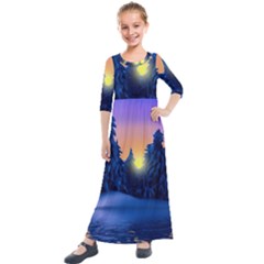 Illustration Vector Winter Sunset Kids  Quarter Sleeve Maxi Dress