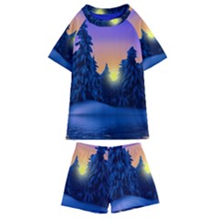 Illustration Vector Winter Sunset Kids  Swim Tee And Shorts Set by Pakrebo