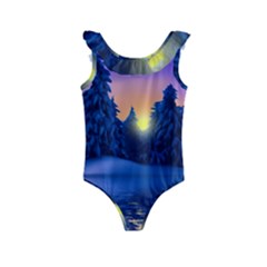 Illustration Vector Winter Sunset Kids  Frill Swimsuit by Pakrebo