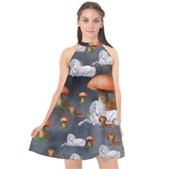 Cute Little Fairy With Unicorn, Pattern Design Halter Neckline Chiffon Dress  by FantasyWorld7