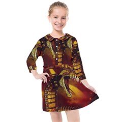 Awesome Dinosaur, Konda In The Night Kids  Quarter Sleeve Shirt Dress by FantasyWorld7