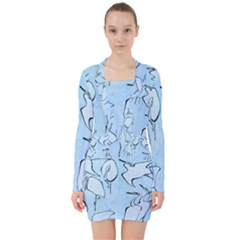 Katsushika Hokusai, Egrets From Quick Lessons In Simplified Drawing V-neck Bodycon Long Sleeve Dress by Valentinaart