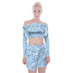 Katsushika Hokusai, Egrets From Quick Lessons In Simplified Drawing Off Shoulder Top With Mini Skirt Set