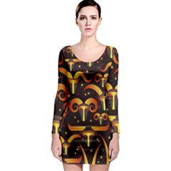 Stylised Horns Black Pattern Long Sleeve Bodycon Dress