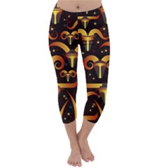 Stylised Horns Black Pattern Capri Winter Leggings 