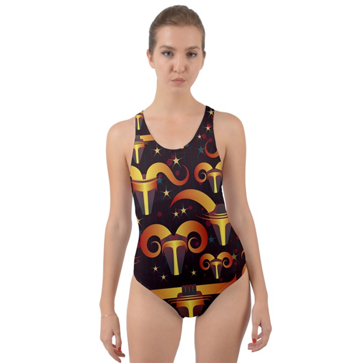 Stylised Horns Black Pattern Cut-Out Back One Piece Swimsuit