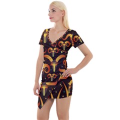 Stylised Horns Black Pattern Short Sleeve Asymmetric Mini Dress