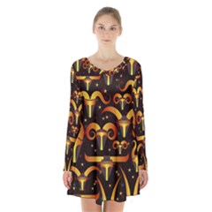 Stylised Horns Black Pattern Long Sleeve Velvet V-neck Dress