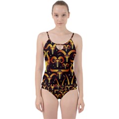 Stylised Horns Black Pattern Cut Out Top Tankini Set