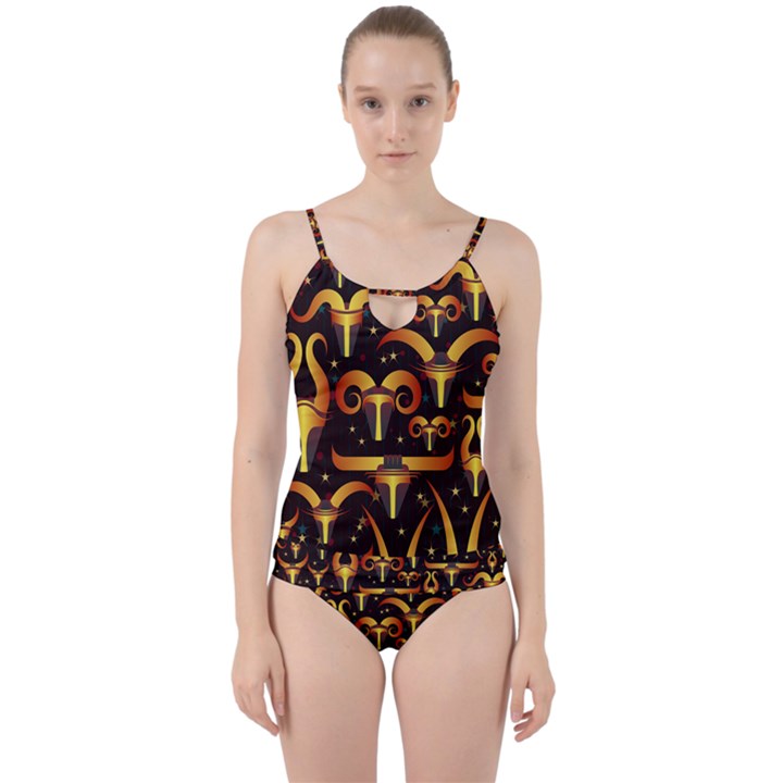 Stylised Horns Black Pattern Cut Out Top Tankini Set