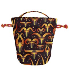 Stylised Horns Black Pattern Drawstring Bucket Bag