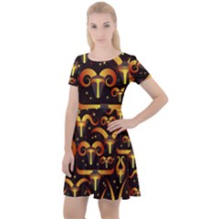 Stylised Horns Black Pattern Cap Sleeve Velour Dress 