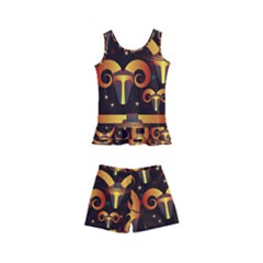 Stylised Horns Black Pattern Kids  Boyleg Swimsuit