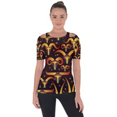 Stylised Horns Black Pattern Shoulder Cut Out Short Sleeve Top