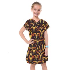 Stylised Horns Black Pattern Kids  Drop Waist Dress