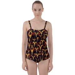 Stylised Horns Black Pattern Twist Front Tankini Set