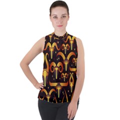 Stylised Horns Black Pattern Mock Neck Chiffon Sleeveless Top by HermanTelo