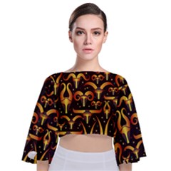 Stylised Horns Black Pattern Tie Back Butterfly Sleeve Chiffon Top