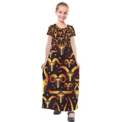 Stylised Horns Black Pattern Kids  Short Sleeve Maxi Dress