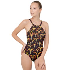 Stylised Horns Black Pattern High Neck One Piece Swimsuit by HermanTelo