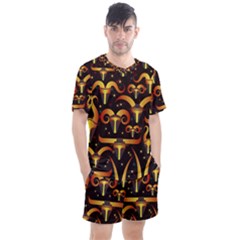 Stylised Horns Black Pattern Men s Mesh Tee And Shorts Set