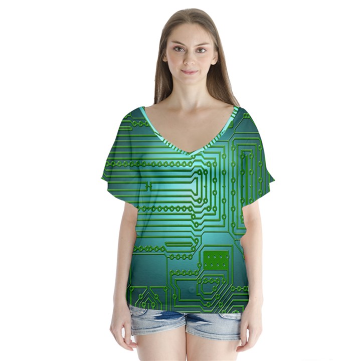 Board Conductors Circuits V-Neck Flutter Sleeve Top