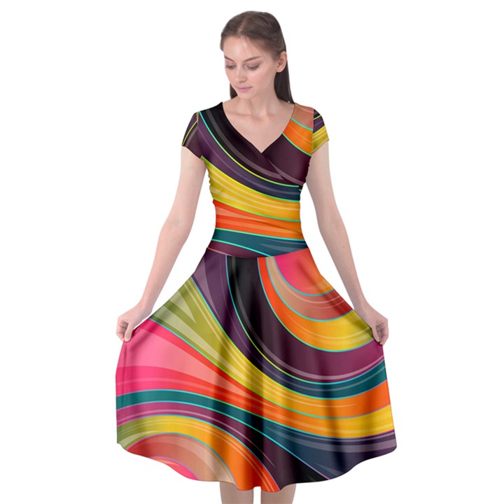 Abstract Colorful Background Wavy Cap Sleeve Wrap Front Dress