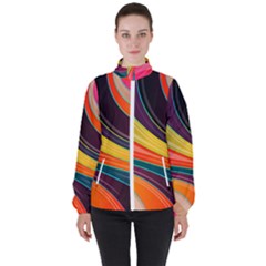 Abstract Colorful Background Wavy Women s High Neck Windbreaker