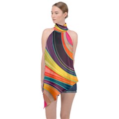 Abstract Colorful Background Wavy Halter Asymmetric Satin Top by HermanTelo