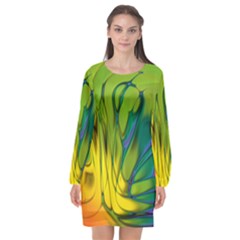 Abstract Pattern Lines Wave Long Sleeve Chiffon Shift Dress 