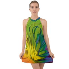 Abstract Pattern Lines Wave Halter Tie Back Chiffon Dress