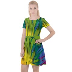 Abstract Pattern Lines Wave Cap Sleeve Velour Dress 