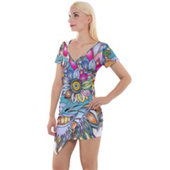 Anthropomorphic Flower Floral Plant Short Sleeve Asymmetric Mini Dress by HermanTelo