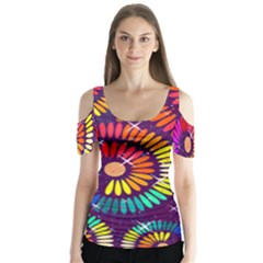 Abstract Background Spiral Colorful Butterfly Sleeve Cutout Tee 