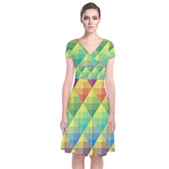 Background Colorful Geometric Triangle Short Sleeve Front Wrap Dress