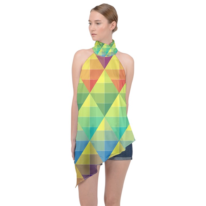 Background Colorful Geometric Triangle Halter Asymmetric Satin Top