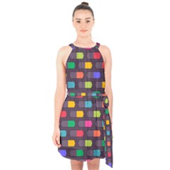 Background Colorful Geometric Halter Collar Waist Tie Chiffon Dress by HermanTelo