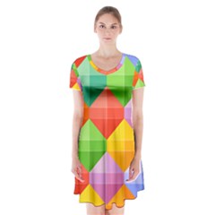 Background Colorful Geometric Triangle Rainbow Short Sleeve V-neck Flare Dress by HermanTelo