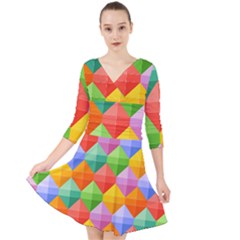 Background Colorful Geometric Triangle Rainbow Quarter Sleeve Front Wrap Dress