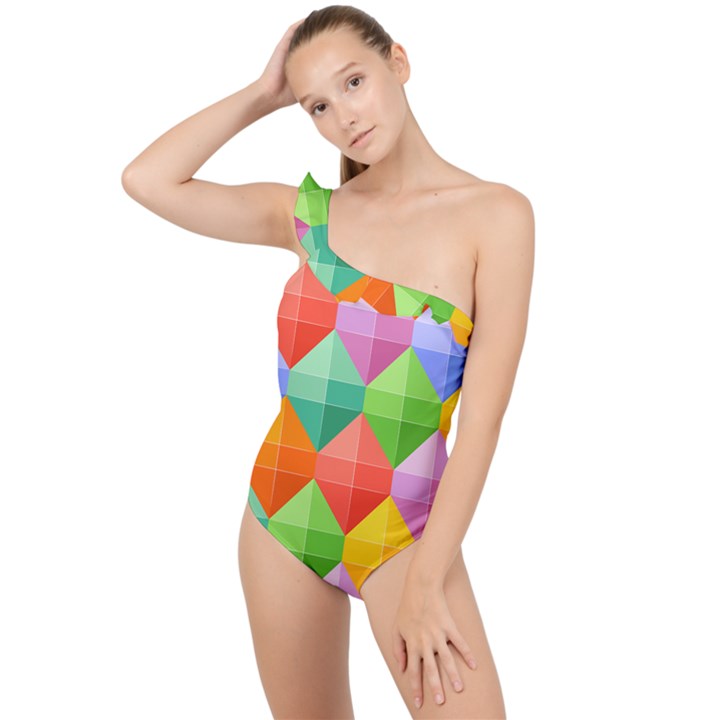 Background Colorful Geometric Triangle Rainbow Frilly One Shoulder Swimsuit