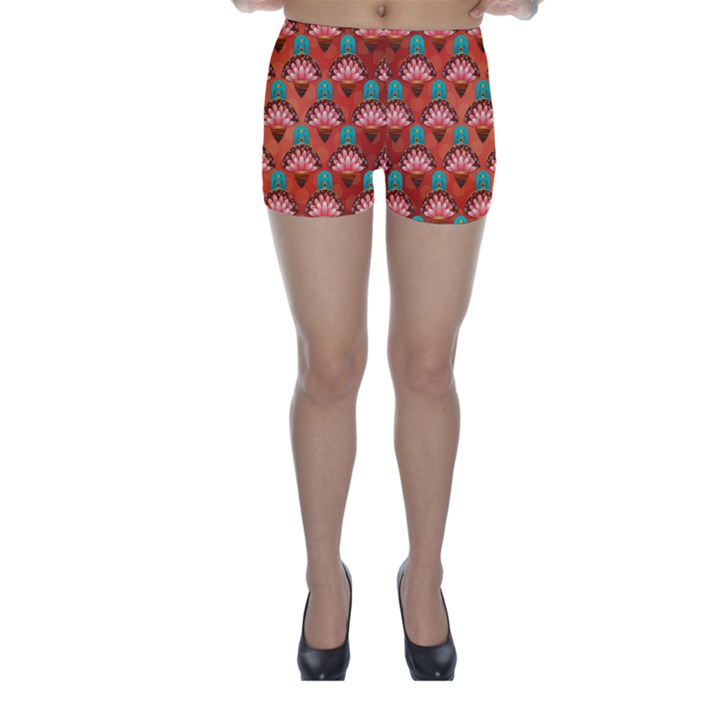 Background Floral Pattern Red Skinny Shorts