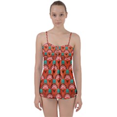 Background Floral Pattern Red Babydoll Tankini Set by HermanTelo