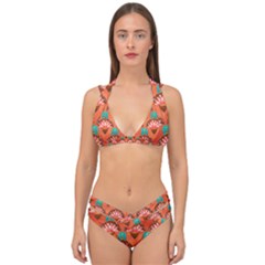 Background Floral Pattern Red Double Strap Halter Bikini Set