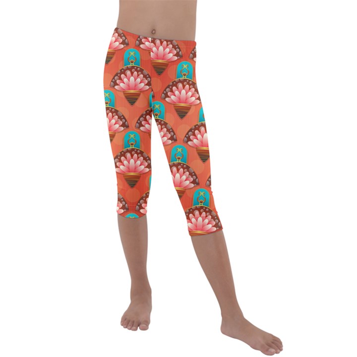 Background Floral Pattern Red Kids  Lightweight Velour Capri Leggings 