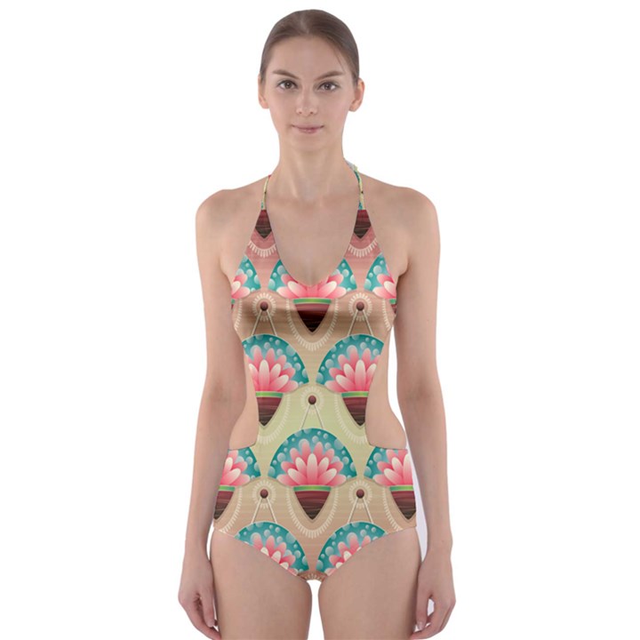 Background Floral Pattern Pink Cut-Out One Piece Swimsuit