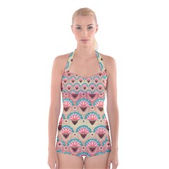 Background Floral Pattern Pink Boyleg Halter Swimsuit 