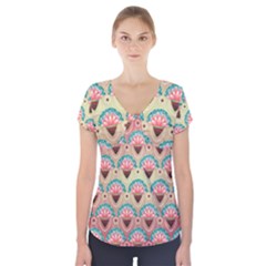 Background Floral Pattern Pink Short Sleeve Front Detail Top by HermanTelo