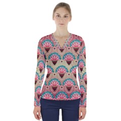 Background Floral Pattern Pink V-neck Long Sleeve Top