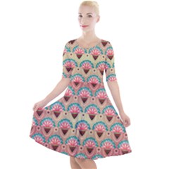 Background Floral Pattern Pink Quarter Sleeve A-line Dress